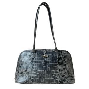 Vintage Longchamp Roseau Grey Croc Embossed Leather Top Handle Bag Bamboo Clasp